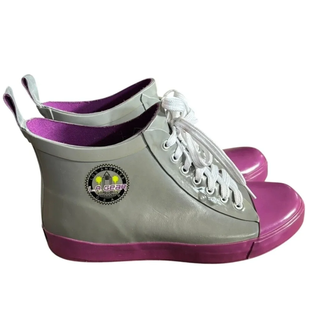 VTG 90's LA Gear Sneaker Rain‎ Boots Sz 7  Lace Up Galoshes Gray Purple